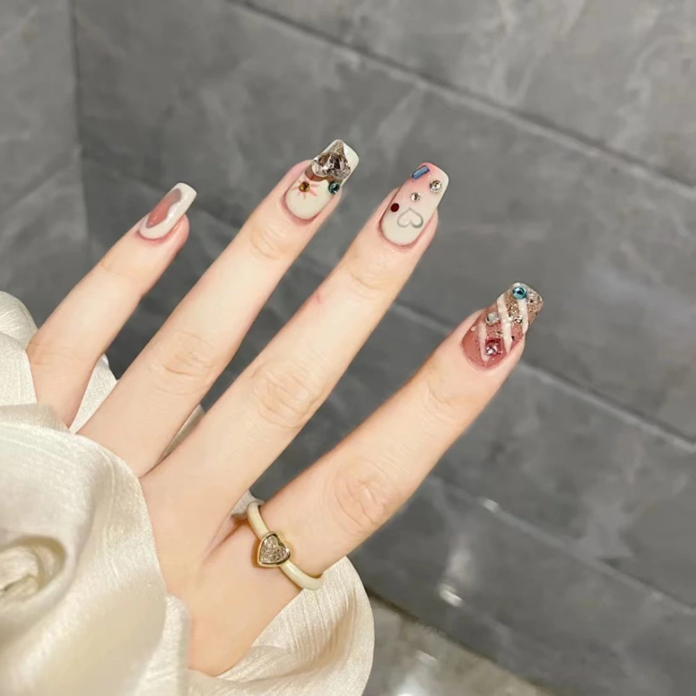 Nail Art Hot Milk White Plaid Graffiti Colorful Crystals Wear Nail Nails