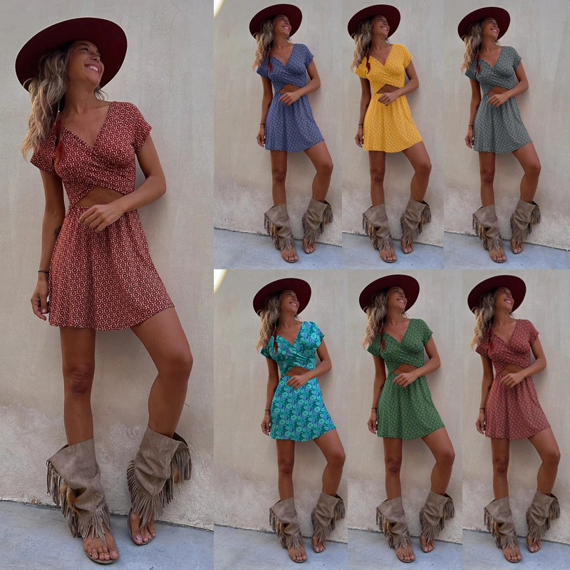 Short-sleeved Printed Short Dress