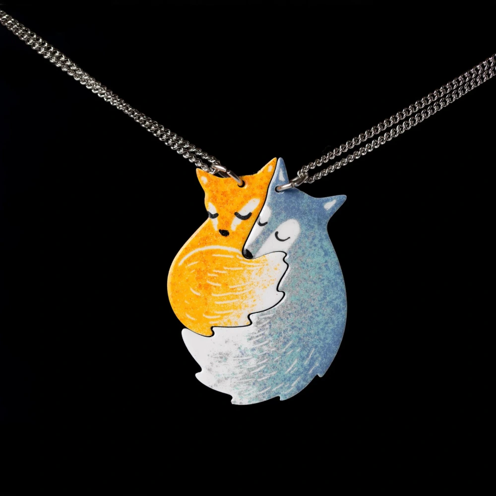 Couple Fox Hug Big Gray Wolf Necklace