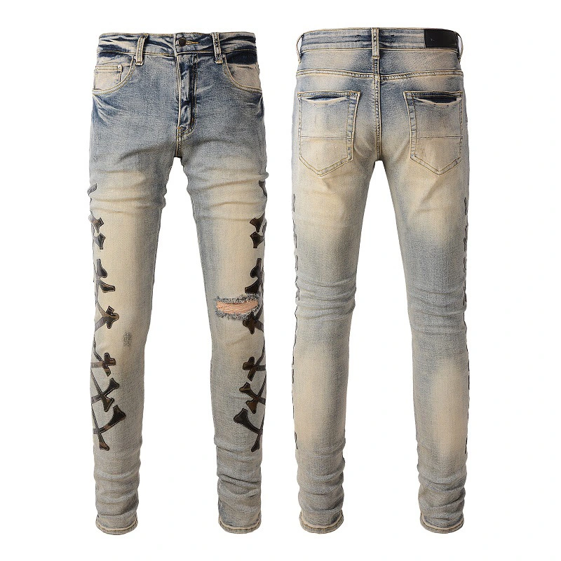 Men's Fashion Holes Bone Pattern Leather Stretch Skinny Jeans