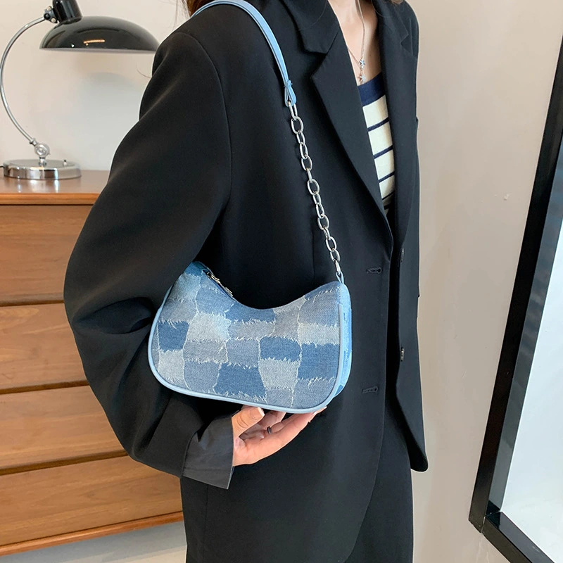 Denim Shoulder Bag Simple Plaid Patchwork Underarm Bag Women