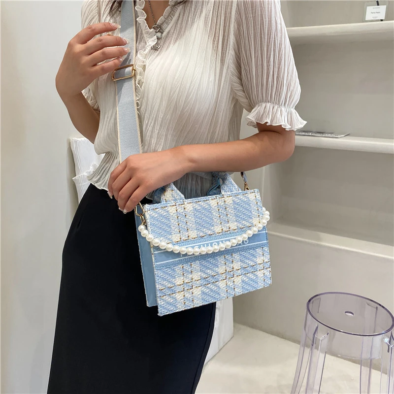 Plaid Beaded Printed Fashion Crossbody Square Bag