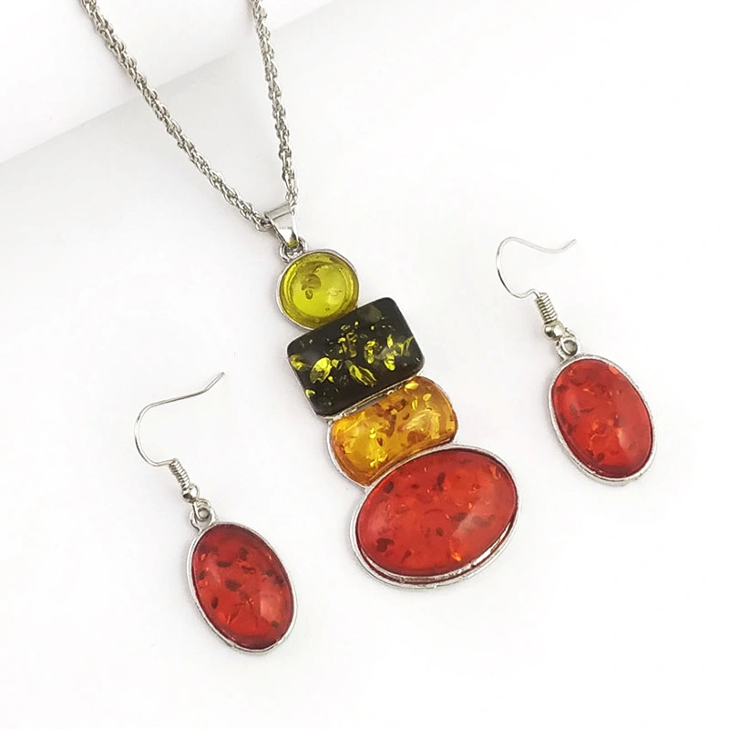 Insect Amber Color Beeswax Necklace Geometric Ellipse Earrings