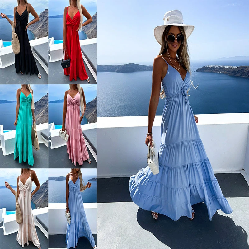 Women's Multi-color Casual Fashion V-neck Dress With Suspenders