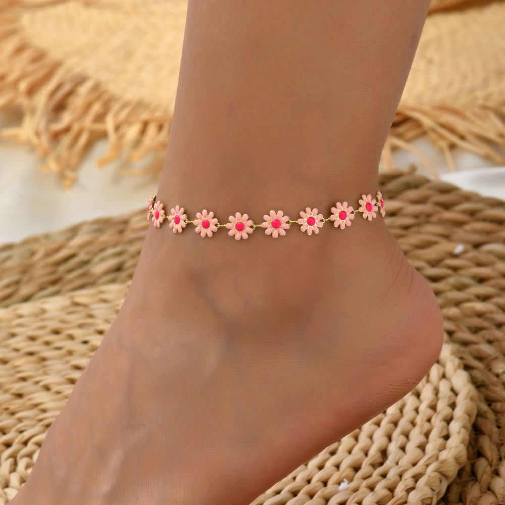 Oil Dripping Little Daisy Imitation Pearl Handmade String Flower Anklet