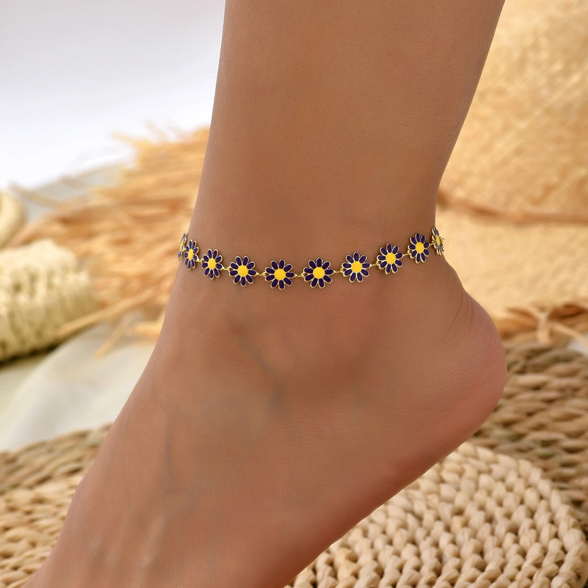Oil Dripping Little Daisy Imitation Pearl Handmade String Flower Anklet