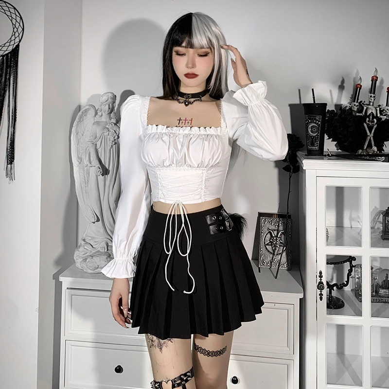 Women's Bell Sleeve Waist Trimming Lace Up Show Belly Long Sleeve T-shirt