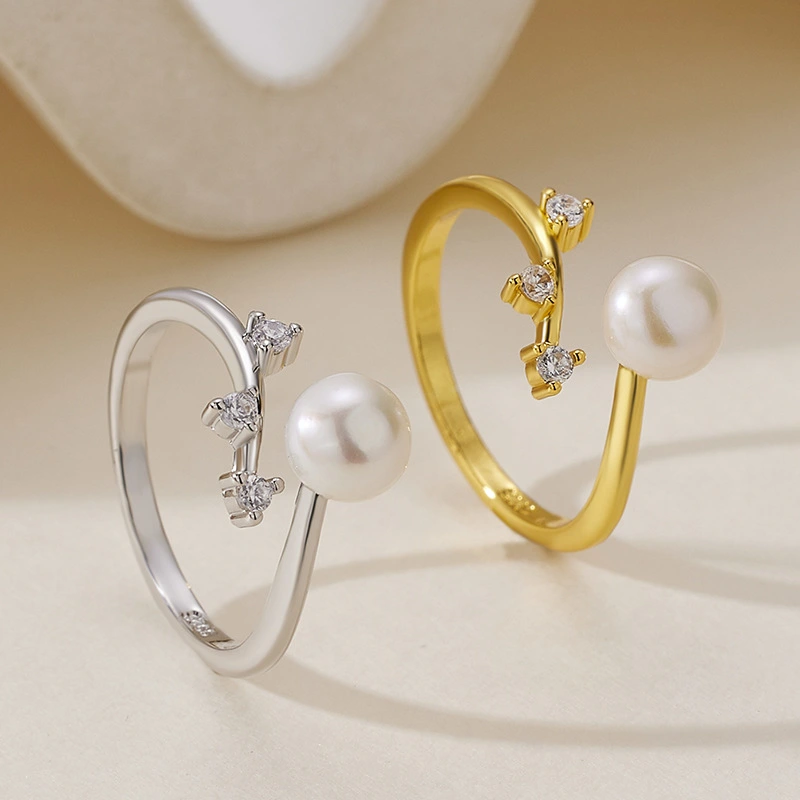 Natural Freshwater Pearl Ring Female Inlaid Zircon