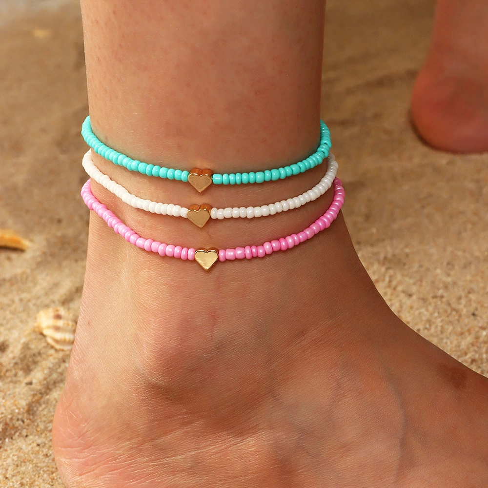 Colorful Beach Vacation Style Beaded Love Foot Ornaments Suit