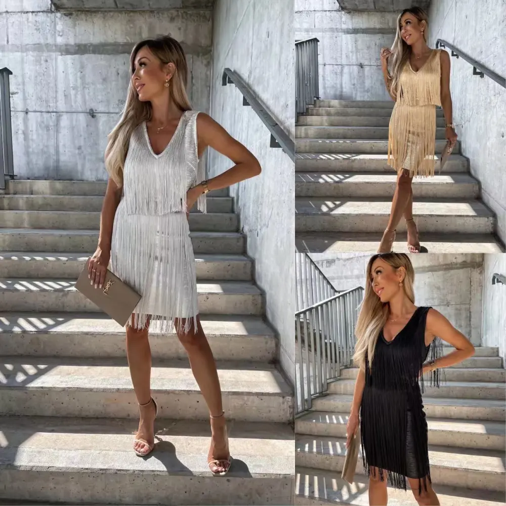 European And American Slim Fit Slimming V-neckline Fringed Sheath Sexy Dress