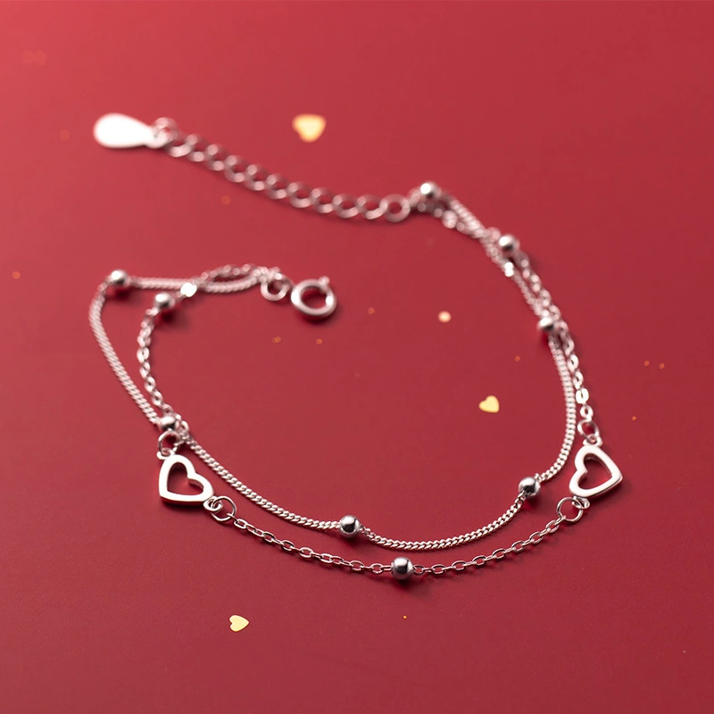 S925 Silver Sweet Double Layers Loving Heart Bracelet