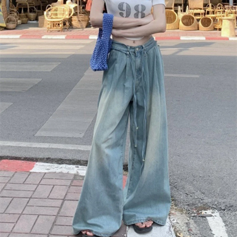 Women's Fashion Water Drawstring Loose Wide Leg Jeans