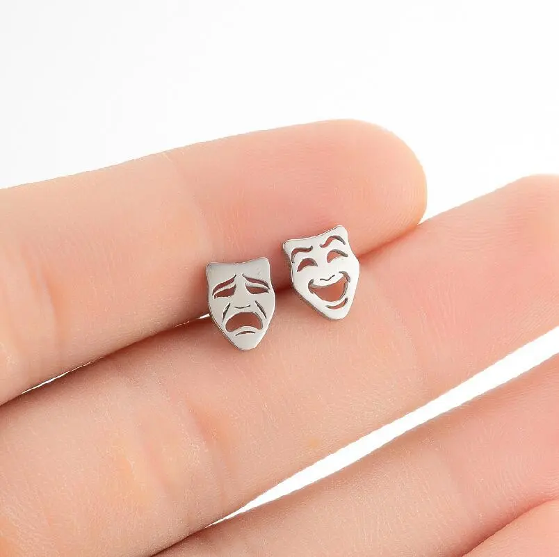 Simple Stainless Steel New Asymmetric Crying And Laughing Face Ear Bone Stud Halloween