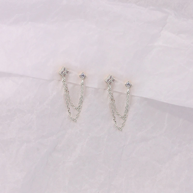 S925 Sterling Silver Ins Style Chain Tassel Rhinestone Earrings Women