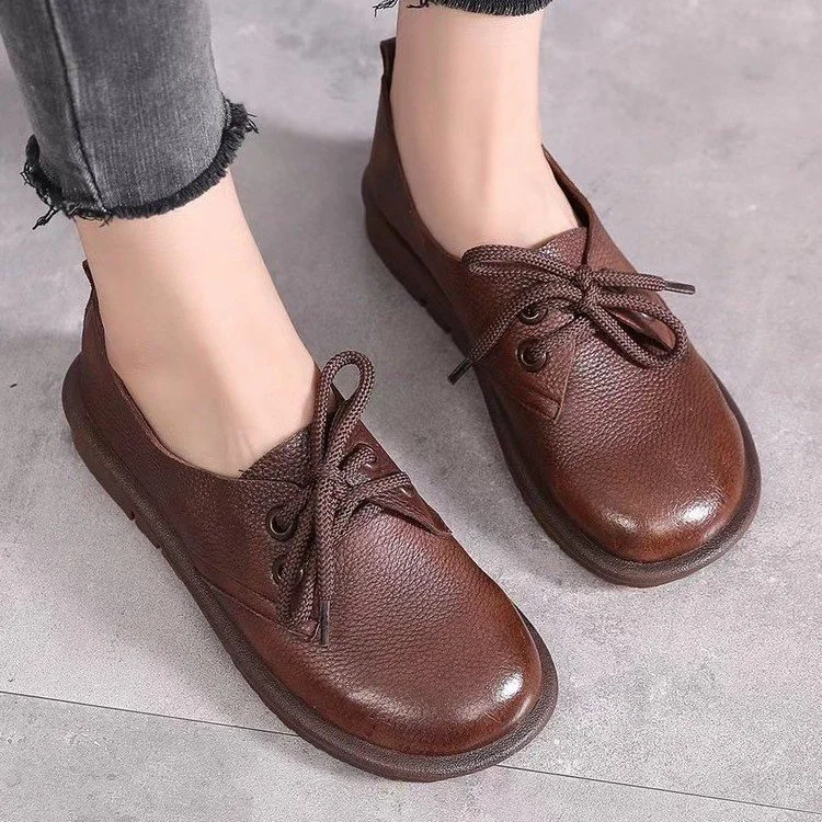 British Round Toe Lace-up Flat Shoes Low Heel Fashion Comfortable Casual