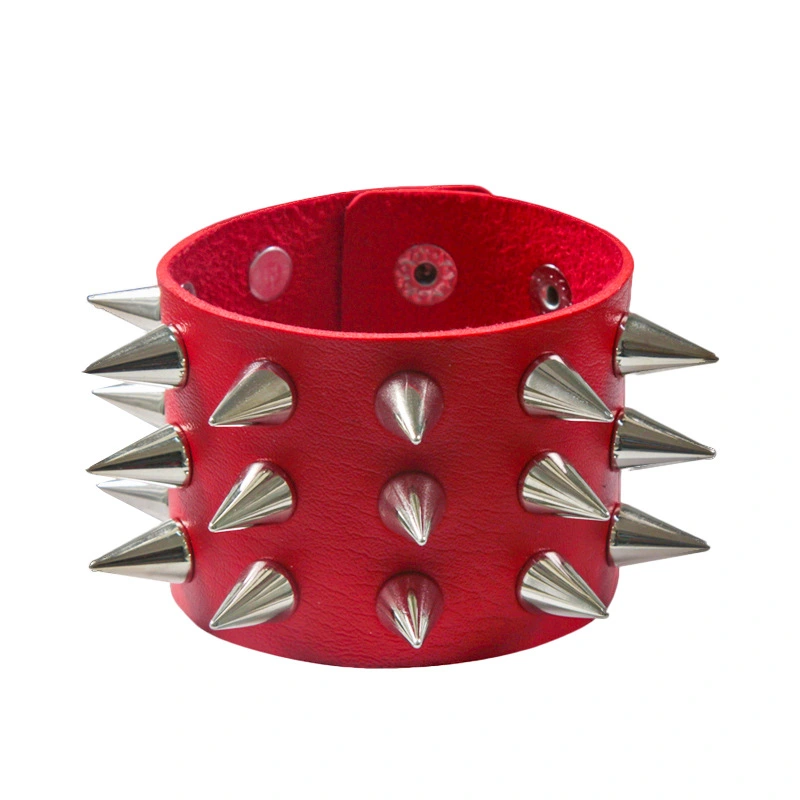 Pu Bracelet Three-row Tapered Pointed Rivet Dark Leather Bracelet