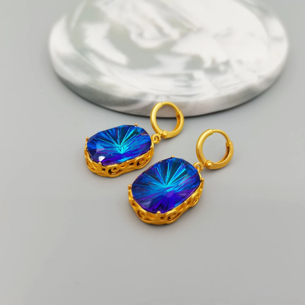 Hollow Cloud Pattern Sapphire Pendant Ear Clip Brass Plated 18K Real Gold Earrings