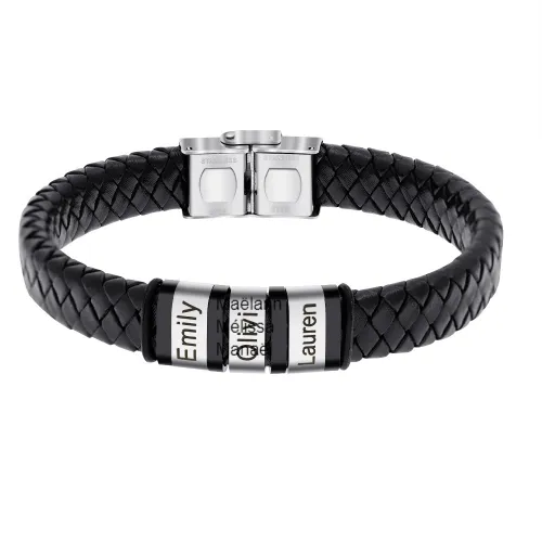 Personalized Men Name Leather Bracelet Black Woven