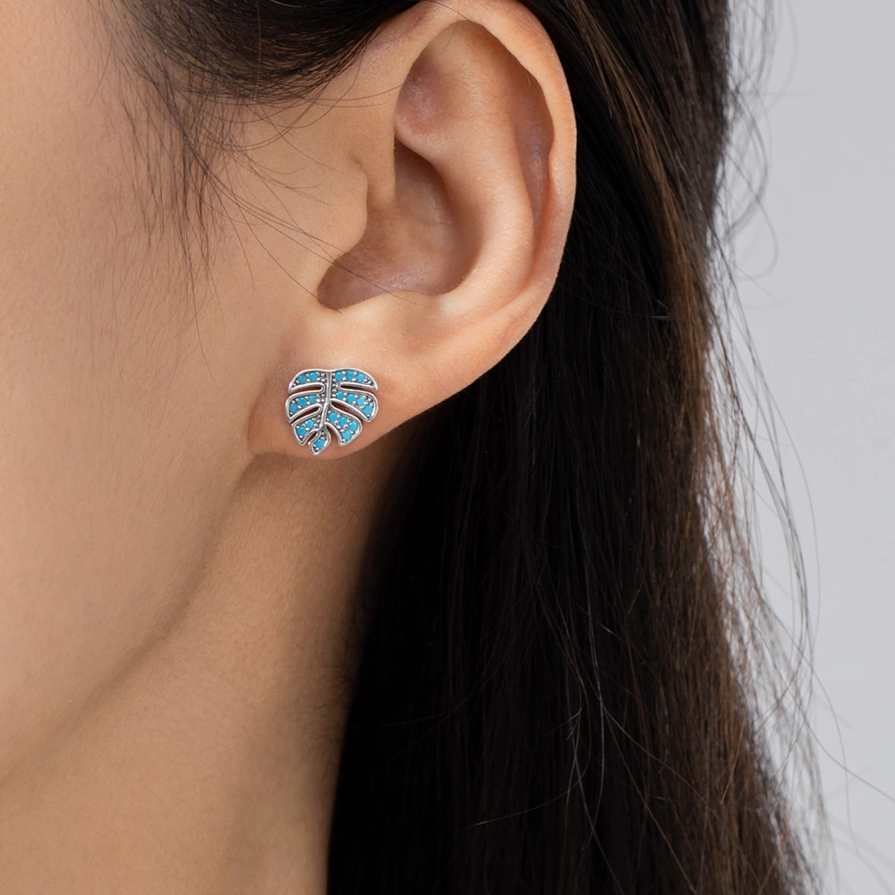 Sterling Silver Inlaid Turquoise Leaves Ear Studs Women