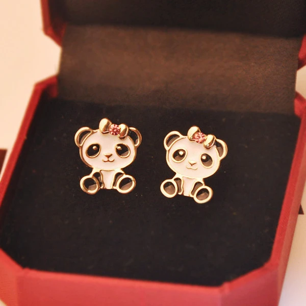 Women's Fashion Flower Bow Tie Lesser Panda Stud Earrings