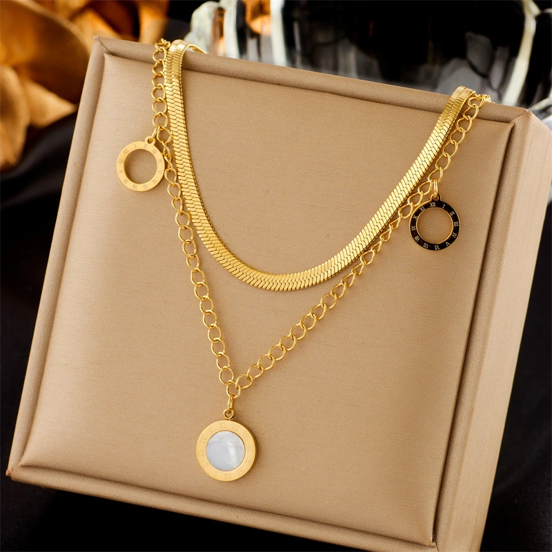 Simple Pearl Round Brand Hollow Pendant Double-layer Necklace