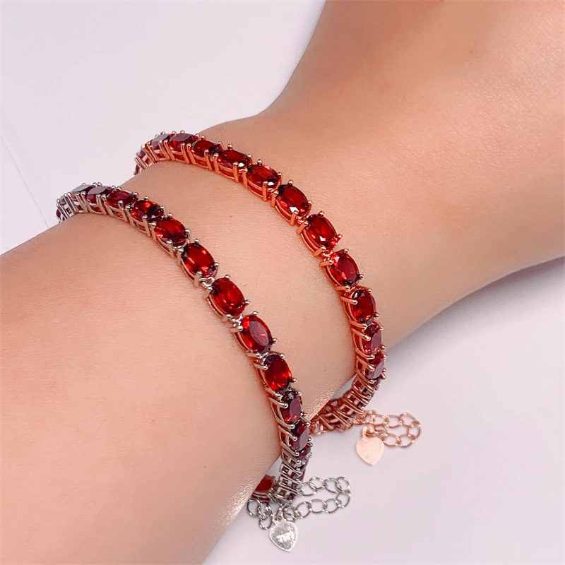 S925 Silver Plated Inlaid Natural Oval Garnet Bracelet For Women