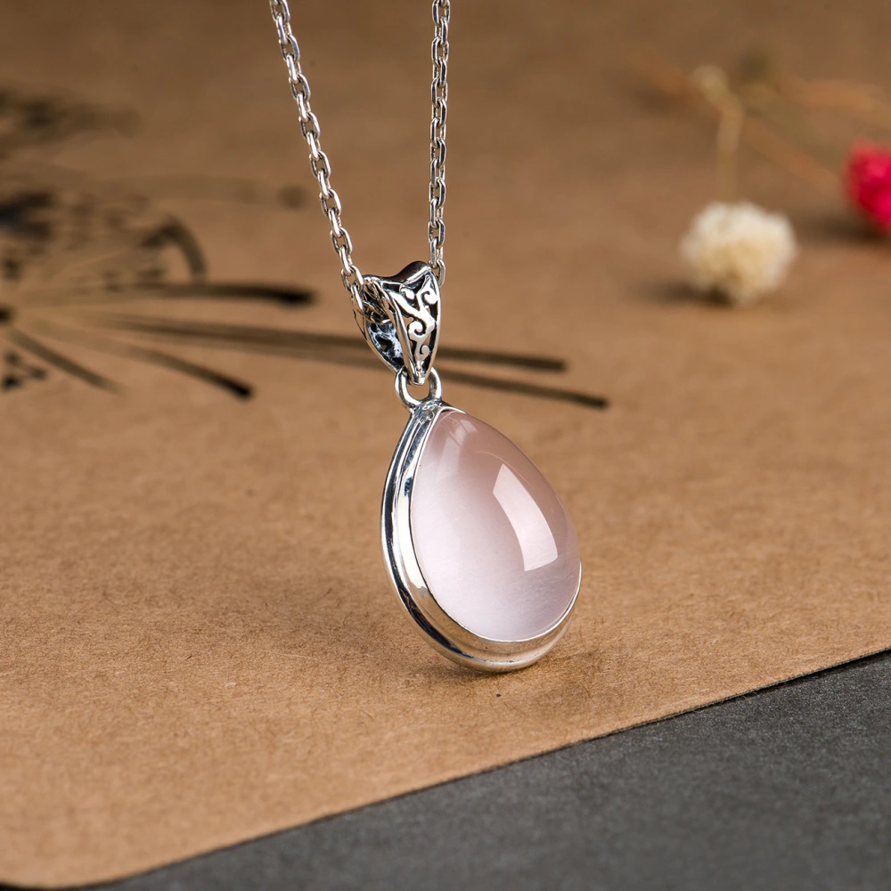 S925 Silver Crystal Pendant Necklace Drop-shaped Ross Quartz Clavicle Chain