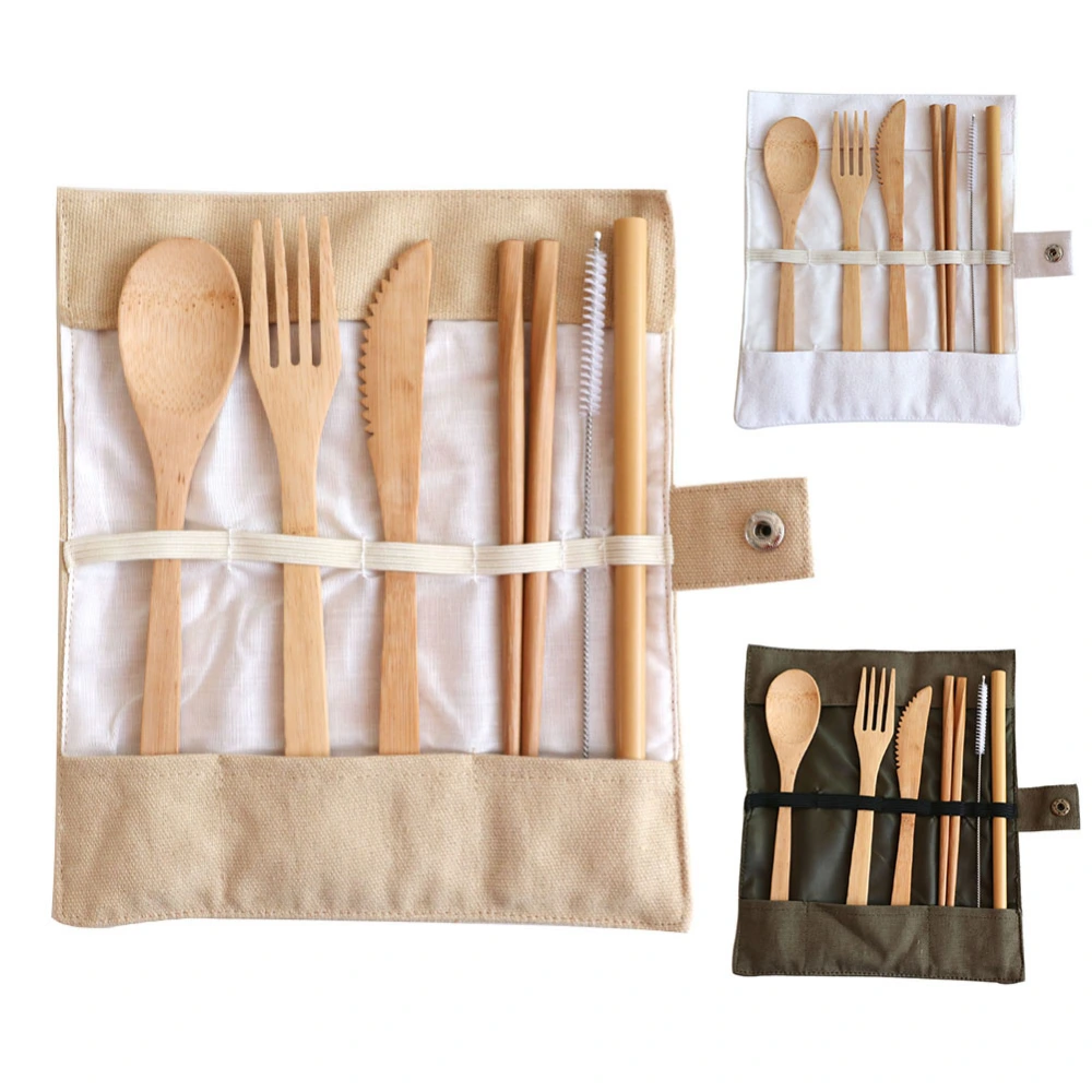 7Pcs Flatware Cutlery Eco-friendly Bamboo Knife Fork Spoon Chopsticks Straw Set