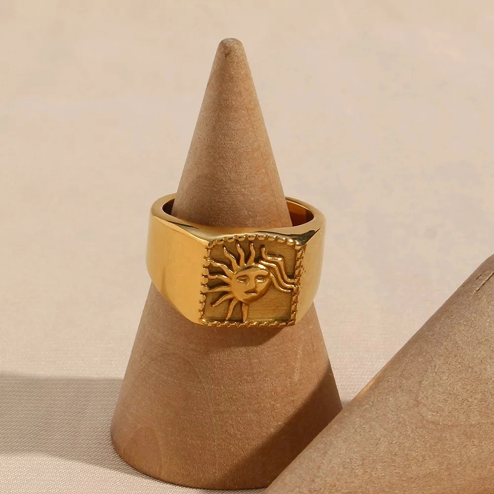 Retro 18K Real Gold Plated Titanium Steel Retro Sun Ring