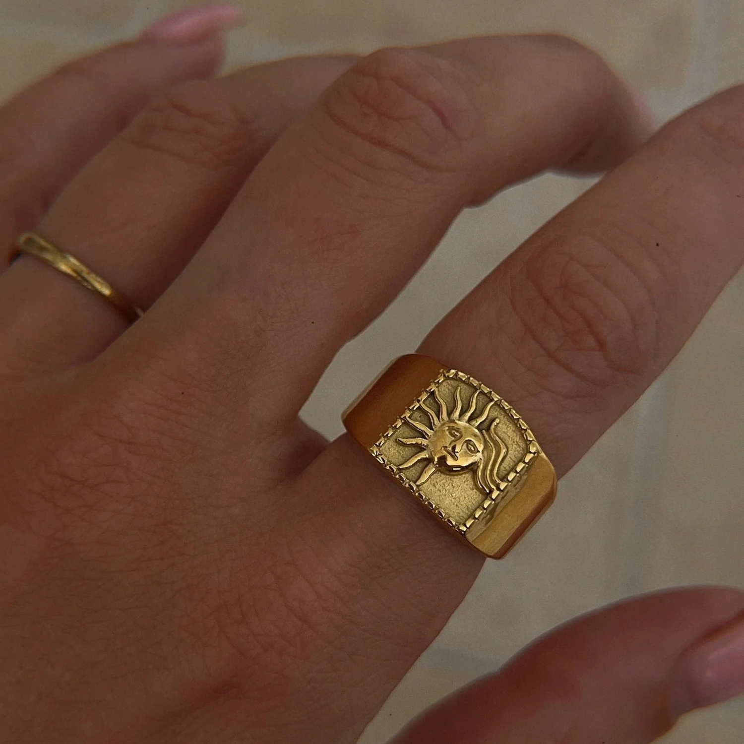 Retro 18K Real Gold Plated Titanium Steel Retro Sun Ring