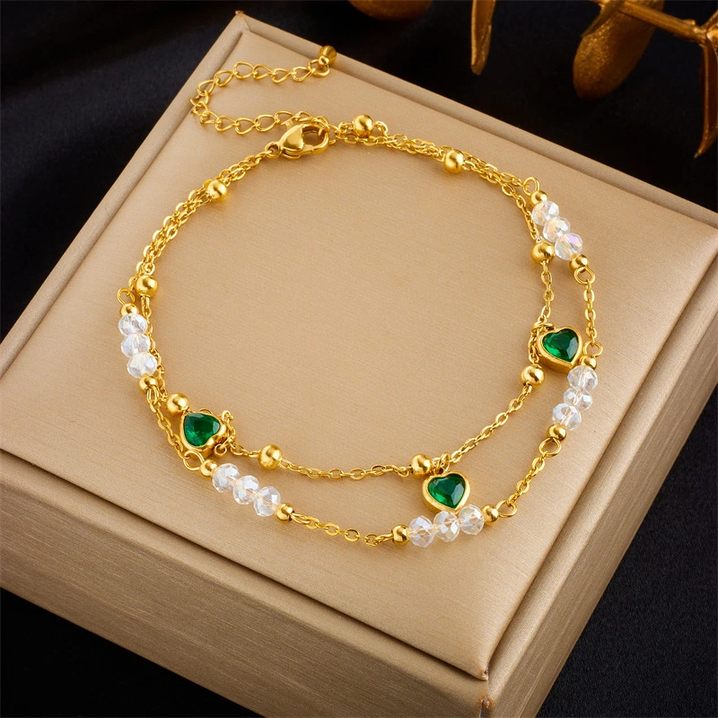 Double-layer Beaded Green Love Titanium Steel Anklet