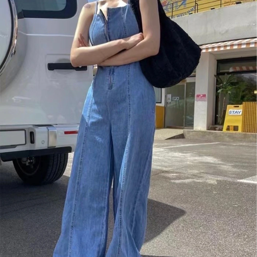 Front Long Zipper Sling Back Hollow Lace Wide Leg Pants Denim Jumpsuit