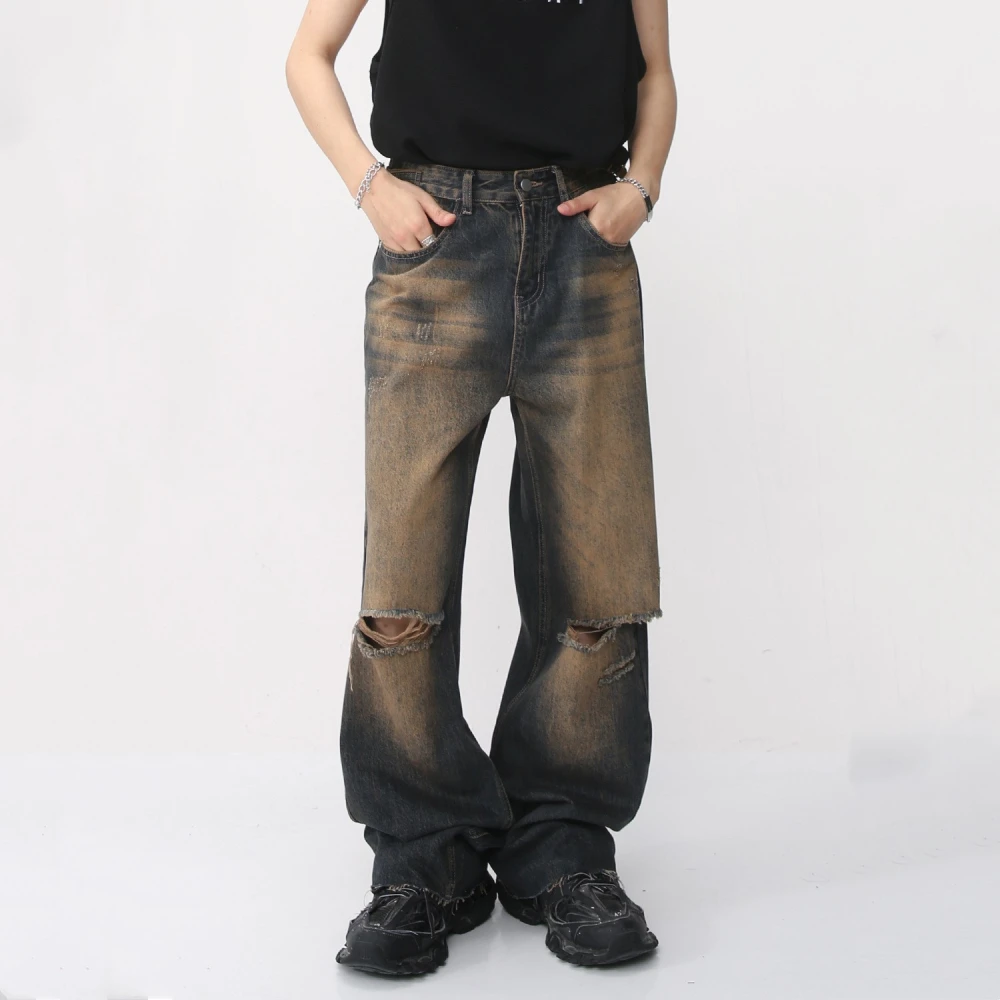 Men's Fashion Retro Distressed Rust Earthy Hole Raw Hem Jeans