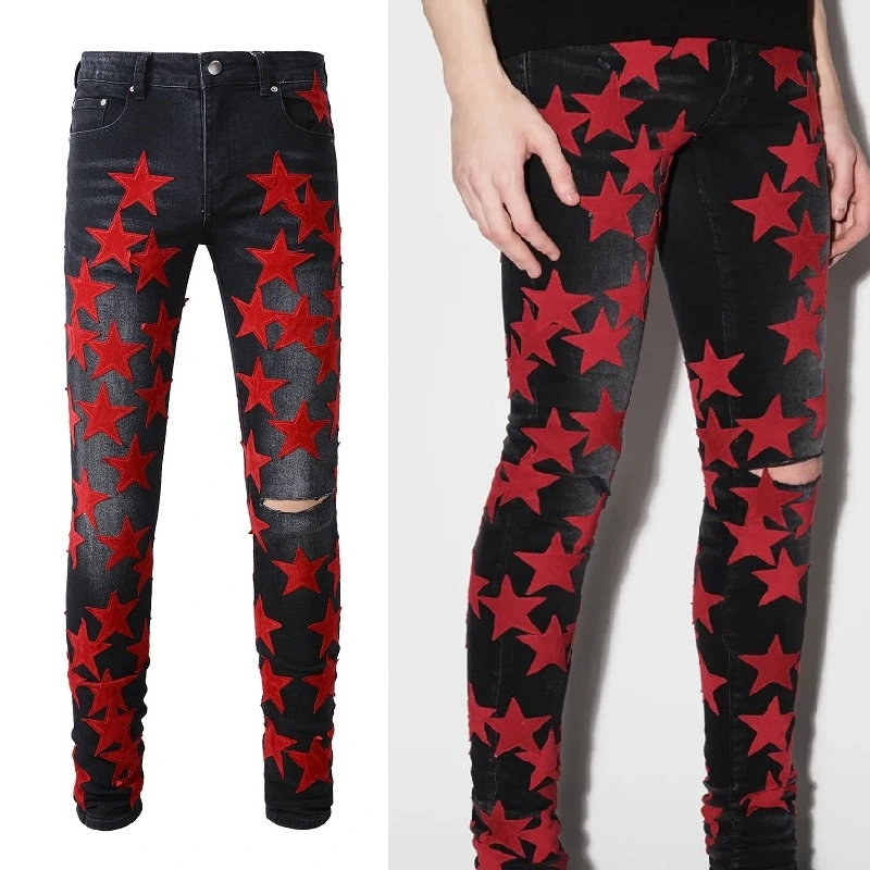 Black Denim Patch Five-pointed Star Patch Slim Jeans