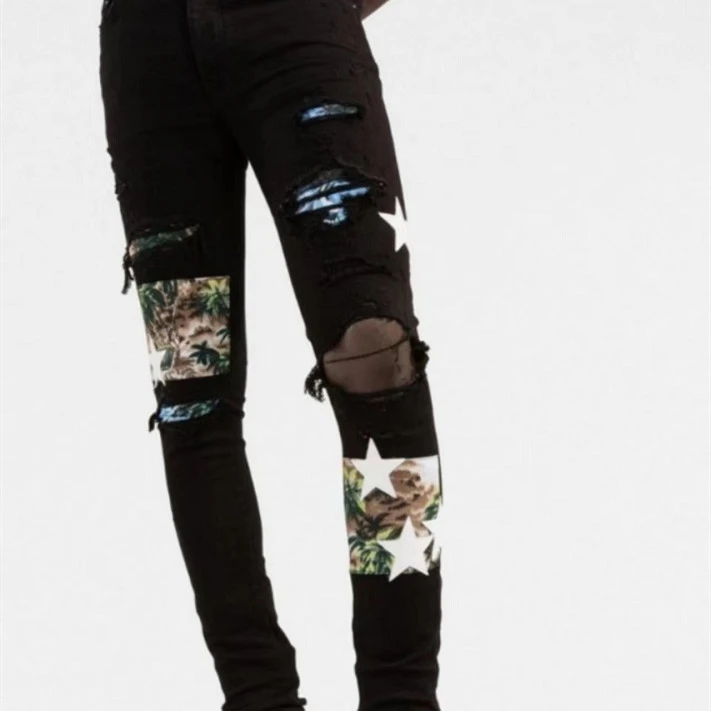 White Star Print Patch Ripped Stretch Slim Black Jeans For Men