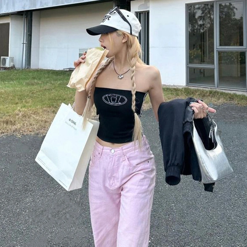Women Strapless Off-Shoulder Crop Tops Summer Letter Embroidery Elastic Bandeau Streetwear Club Wear