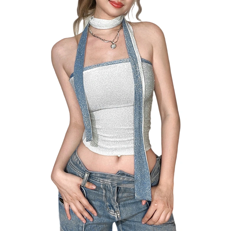 Women Summer 2 Piece Outfits Shiny Contrast Color Crop Tube Tops Backless Shirts and Scarf Set Streetwear