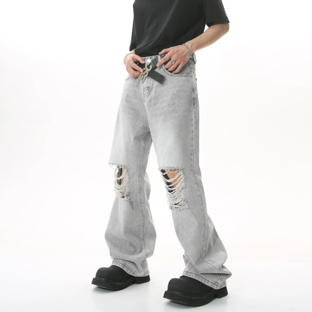 Men's Ripped Washed Light Gray Knee Ripped Wide-legged Straight-leg Denim Trousers