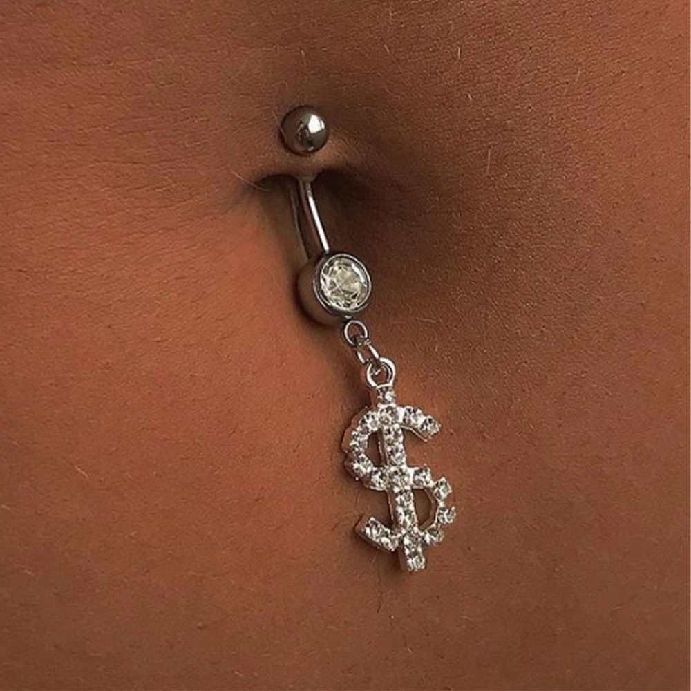 US Dollar Rhinestone Navel Stud