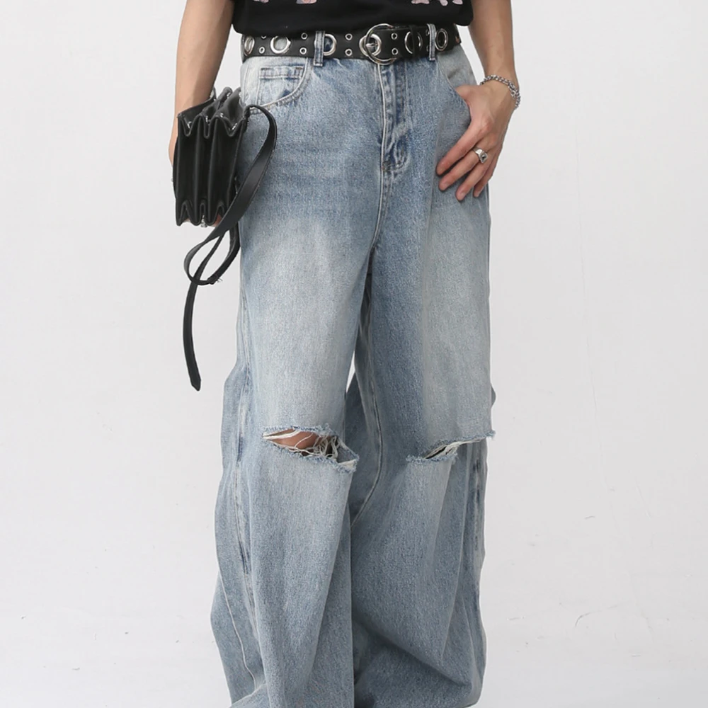 Casual Korean Style Denim Trousers Loose Mop Ripped