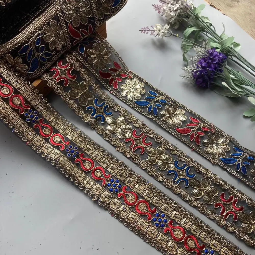 Ethnic Style Sequined Strand Embroidery Lace Bronze Gold Embroidered Accessories