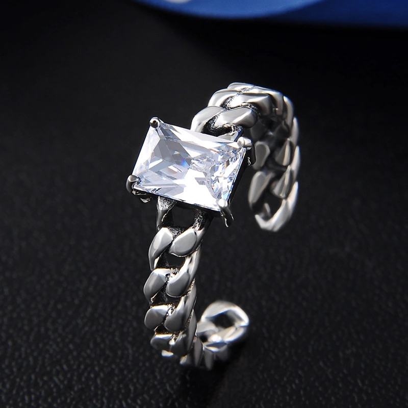 Square Diamond Inlaid S925 Sterling Silver Retro Personalized Zircon Ring