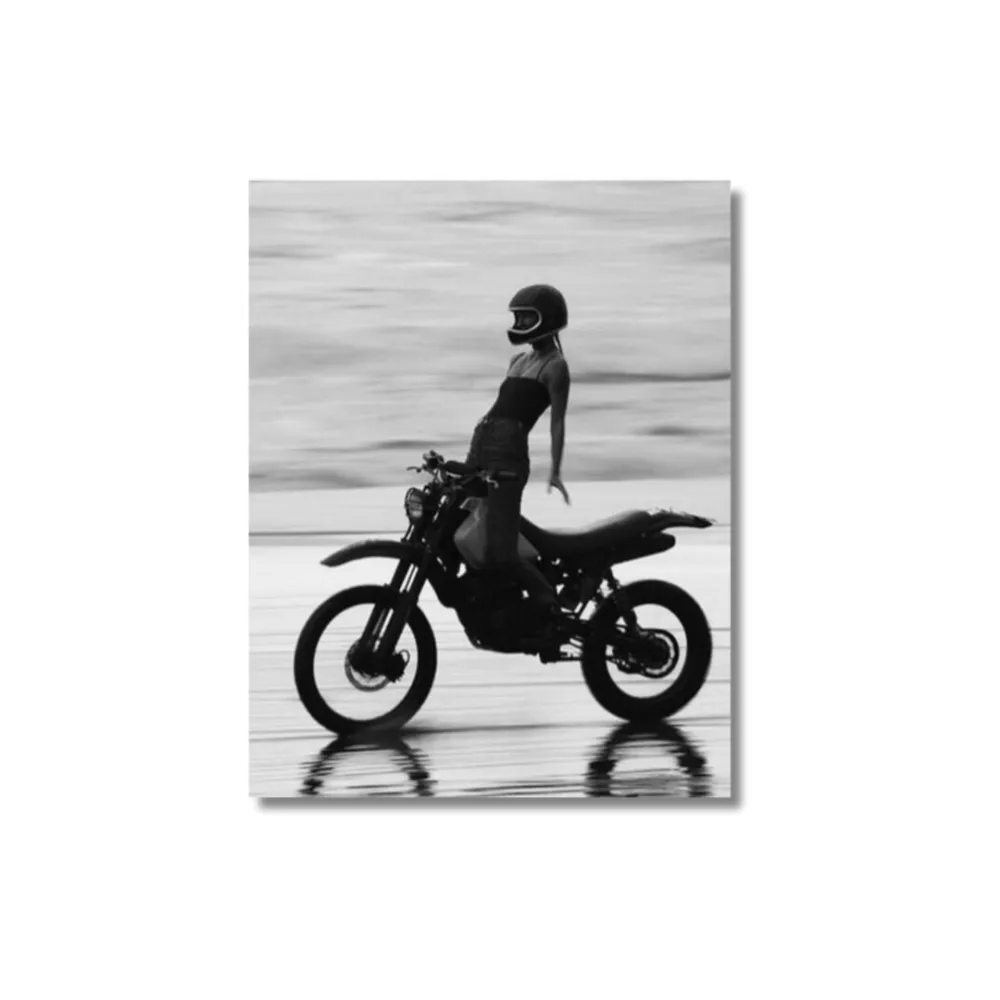 Black And White Motorcycle Girl Canvas Painting