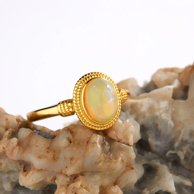 European And American S925 Sterling Silver Ring Inlaid Natural Opal Colored Gemstone Ins High Sense