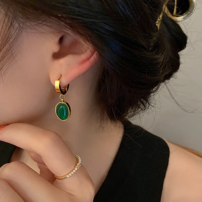 Women's Retro Titanium Steel Emerald Earrings