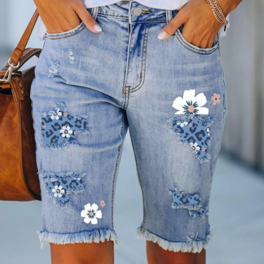 Women's Ripped Print Denim Shorts