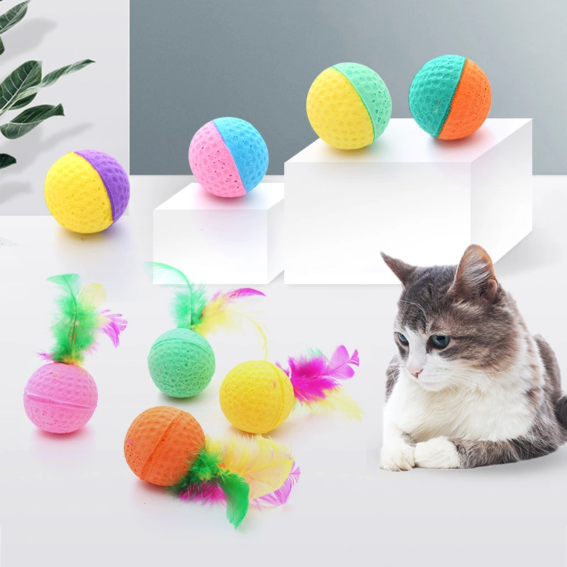 Pet Cat Toy Ball Latex Color Foam Band Feather Interaction