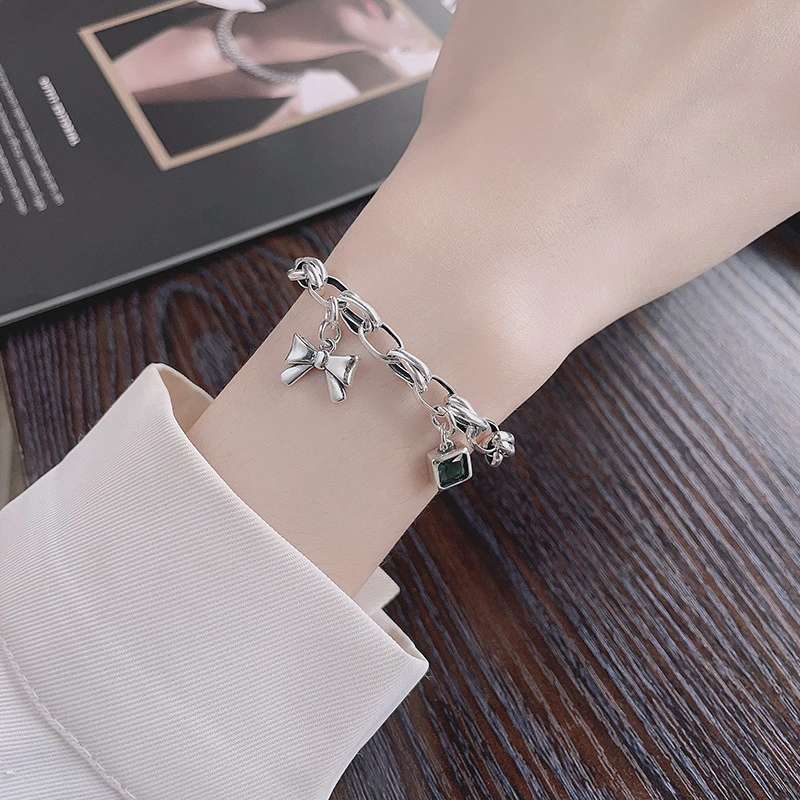 S925 Silver Retro Korean Style Bowknot Cube Sugar Beccarite Fashion Minority Design Temperamental Bracelet