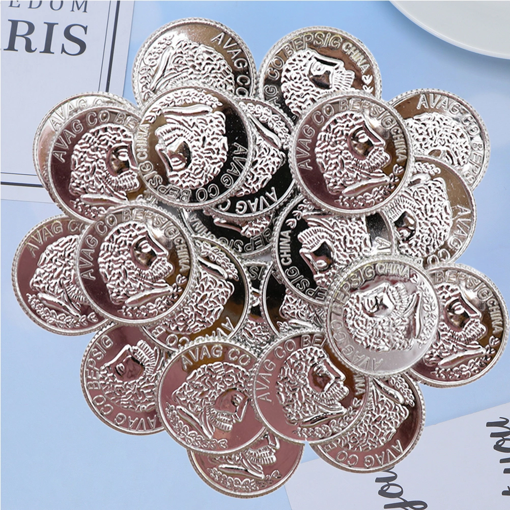 100pcs Pirates Gold Coins Plastic Gold Coins Props Game Accessary  Funny Playing Toys for Kids Children (Silver)