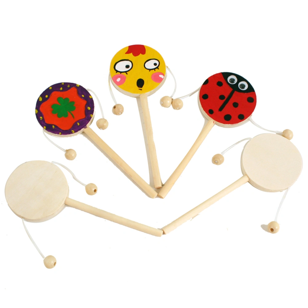 1 Set of 8pcs DIY Rattle-drum Wooden Unfinished Painting Shaking Drum Toy (6pcs Rattle-drum 1pc 4 Color Pigment 1pc Painting Brush)